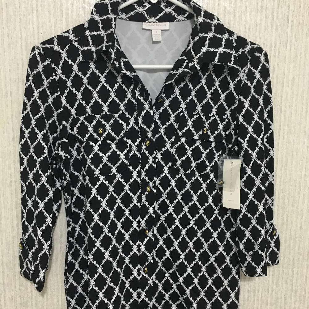 Button Down Stretch Blouse Small Deep Black White
